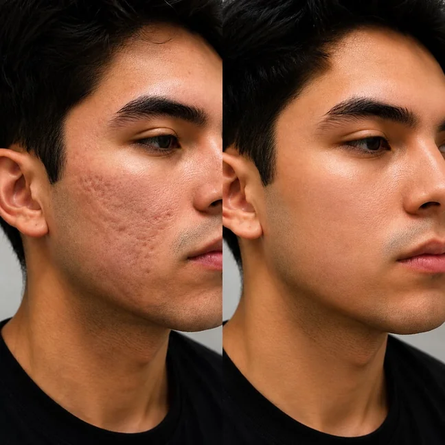 Before and after microneedling treatment showing improvement in acne scarring